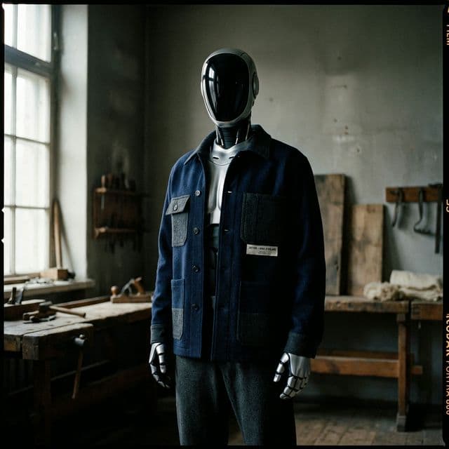 Detailed view of the Heavyweight Utility Jacket, a luxury garment from the Robo collection engineered for humanoid robot platforms by Post Human Clothing