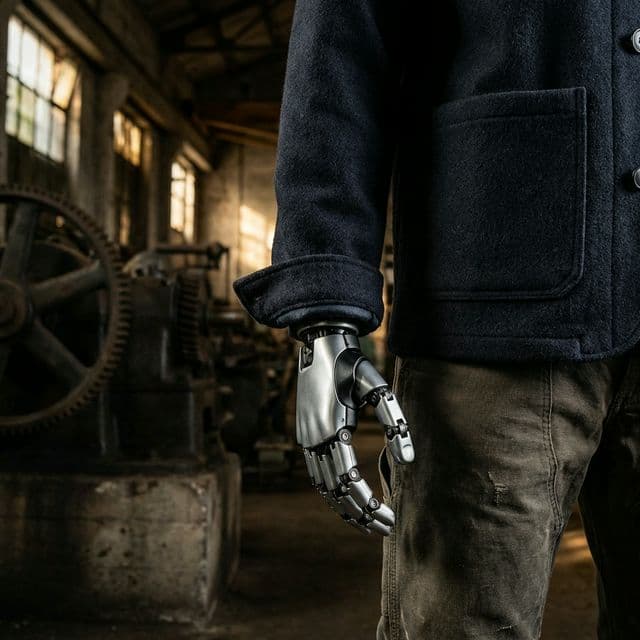 Detailed view of the Reinforced Work Trouser, a luxury garment from the Robo collection engineered for humanoid robot platforms by Post Human Clothing