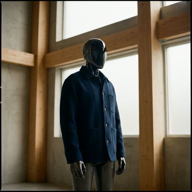 Detailed view of the Engineered Field Coat, a luxury garment from the Robo collection engineered for humanoid robot platforms by Post Human Clothing