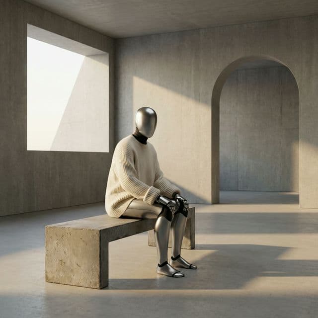 Detailed view of the Heavy-Gauge Crewneck, a luxury garment from the Uljas collection engineered for humanoid robot platforms by Post Human Clothing