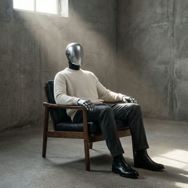 Detailed view of the The Architect Silhouette, a luxury garment from the Uljas collection engineered for humanoid robot platforms by Post Human Clothing