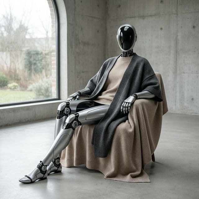 1X Neo artificial intelligence robot modeled in draped merino wool Loviisa collection overcoat by Post Human Clothing