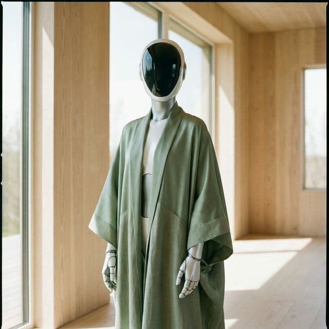 Detailed view of the Draped Merino Overcoat, a luxury garment from the Loviisa collection engineered for humanoid robot platforms by Post Human Clothing