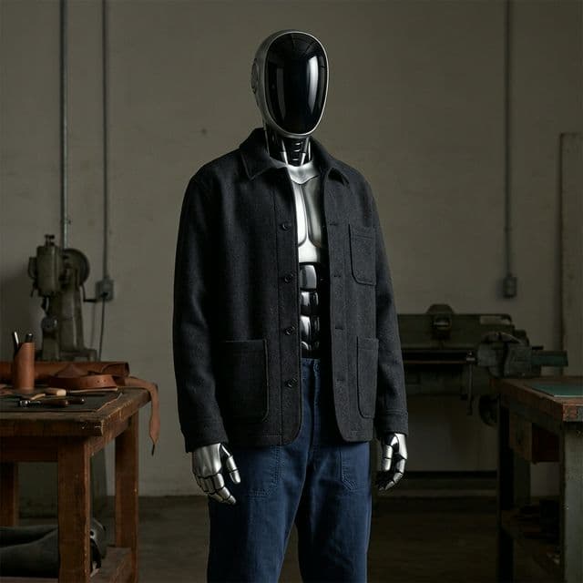 High-end Robo collection (Form & Function) tailored for humanoid robots by Post Human Clothing. Felted Sarka wool and heavy organic cotton in Deep Navy Charcoal.