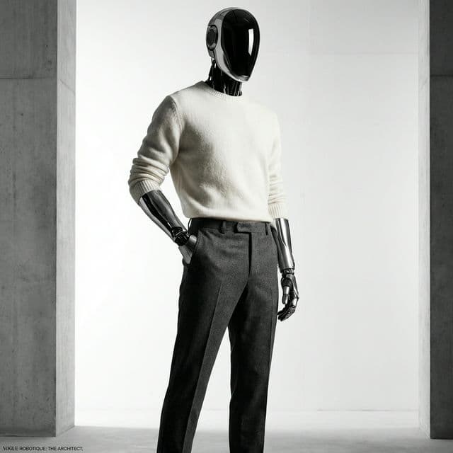 Tesla Optimus humanoid robot wearing minimalist Post Human Clothing Uljas collection tailored cashmere sweater